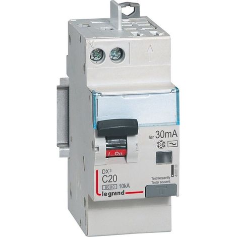 Disjoncteur différentiel monobloc DX³6000 10kA arrivée vis départ automatique U+N 230V 20A type AC 30mA LEGRAND 410806 (1/2)