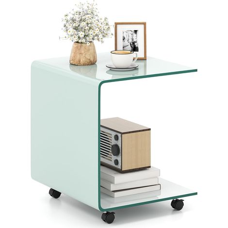 COSTWAY Tavolo Moderno in Vetro Temperato con 2 Ripiani, Tavolino Laterale a C per Divano con 4 Ruote Blocccabili, Tavolo Versatile per Soggiorno, Camera da Letto e Bagno (Bianco) (1/5)