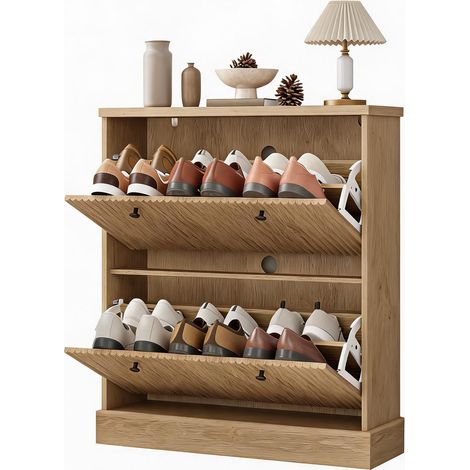 Meuble à chaussures étroit gain de place - Design moderne à motif ondulé - 2 tiroirs basculants, étagères réglables et amovibles - Rangement indépendant pour entrée, salon ou couloir (1/5)