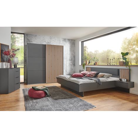 Ensemble de chambre à coucher (armoire + commode + lit adulte 160 x 200 ) coloris graphite, imitation chêne Artisan -PEGANE-