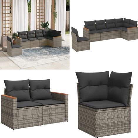 6-tlg. Garten-Sofagarnitur mit Kissen Grau Poly Rattan - Gartensortiment - Outdoor Möblierung - Gartenlounge - Rattanmöbel - Lounge Set - Home & Living (1/5)