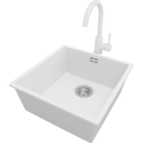 PRIMAGRAN Evier Sous Plan 46x47cm, Evier en Granit 1 bac + Robinet 32x20cm + Kit de Vidage, Évier au meuble 50cm - London, Blanc (1/5)