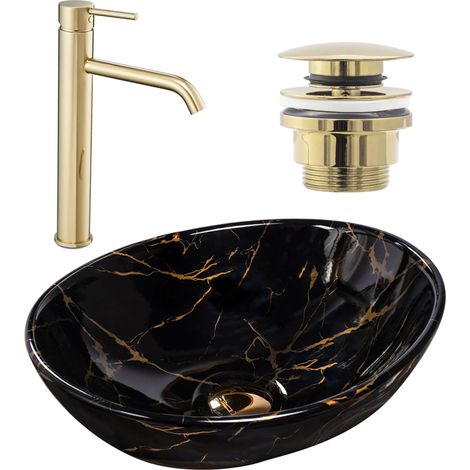 SET LAVABO DA APPOGGIO SOFIA MARBLE BLACK + RUBINETTO DA BAGNO LUNGO GOLD + TAPPO GOLD