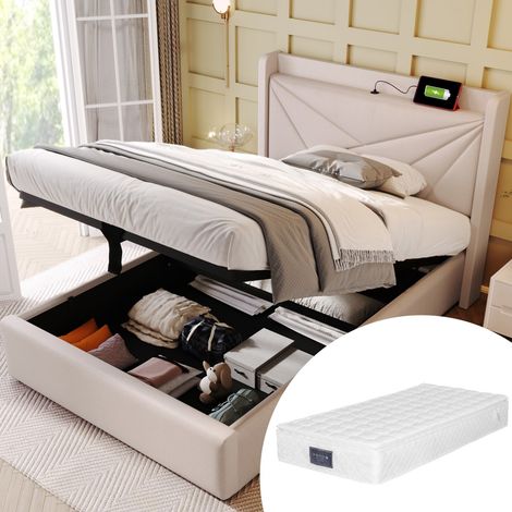 Lit simple 90x200 coffre rangement - Tête de lit rembourrée, fonction charge USB Type-C, structure lin - sommier inclus Beige (avec matelas) (1/5)