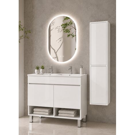 Meuble de salle de bain avec pieds avec vasque extra-plat ORIGENBATH NEBARI sur pieds avec portes sans miroir 120x45 cm double vasque blanc avec colonne (1/5)