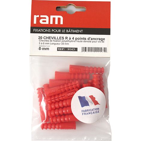 Sachet de 20 chevilles R8 rouges multimatériaux sans collerette - Ø8 mm - Longueur 39 mm - RAM (1/2)