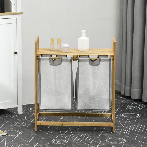 Cesto de la Ropa Sucia de Bambú con 2 Bolsas Extraíbles y Estante Carga 20kg 2x40,6L 64x33x73 cm Natural (1/5)
