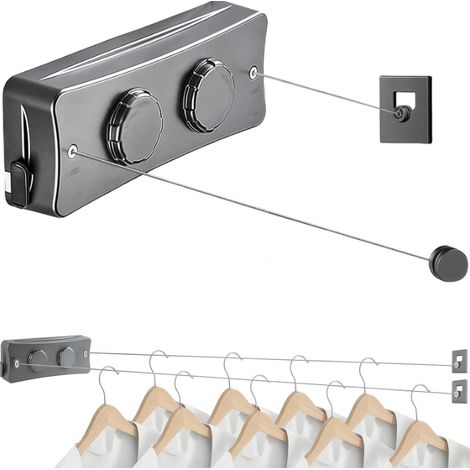 Stendibiancheria retrattile, 2 corde in acciaio inox da 5,1 metri, montaggio a parete su balconi, lavanderie, hotel, bagni, camere da letto (due corde grigie) (1/5)