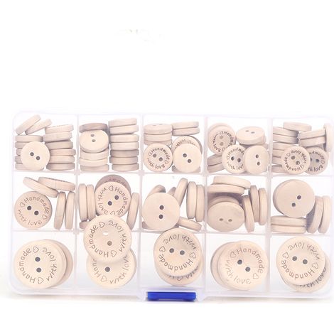Boutons en bois double trous 15mm/20mm/25mm, accessoires couture DIY pour vêtements, boîte de rangement incluse, lot mixte. (1/5)