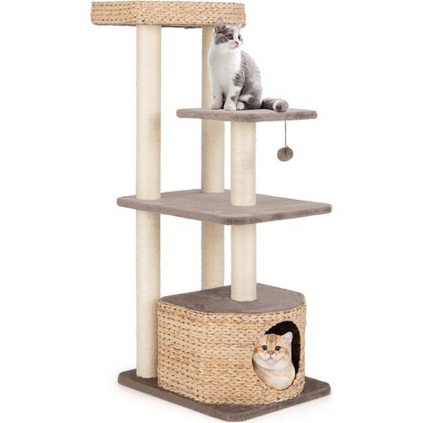 Albero per gatti con posti per graffiare in sisal trespolo condo pallina pendente, Torre cattail da 131cm per arrampicata Caffè (1/4)