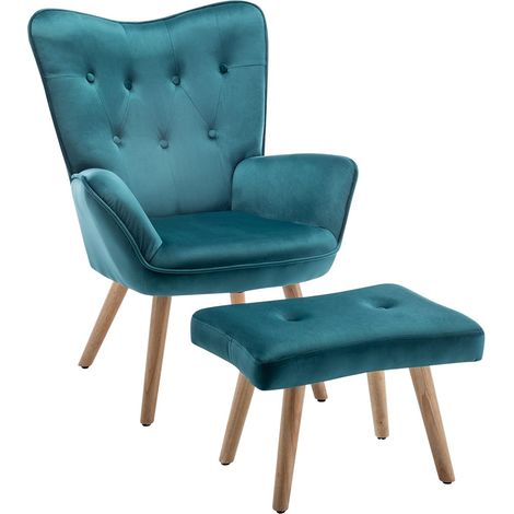 Fauteuil avec Repose Pied Scandinave Fauteuil de Salon Relax Chaise Velours Fauteuils D'appoint en Bois Fauteuils de Lecture pour Chambre à Coucher, Vert Paon (1/5)
