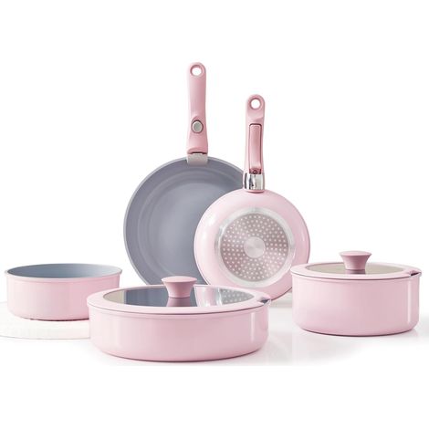 ensemble de casseroles poêles 9 pièces antiadhésive avec poignée amovible, ensemble de cuisinière en céramique avec couvercle, non toxique four sûr, idéal pour l'induction et le camping, Rose (1/5)