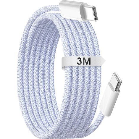 Câble USB C pour iPhone 15 16, 3 Meter 60W Chargeur Rapide Type C vers C Câble de Charge Tressé USB C Cordon Pour 15/15 Plus/15 Pro Max/16/16 Pro Max/iPad Pro Air Galaxy Google Pixel Xiaomi (Violet) (1/5)