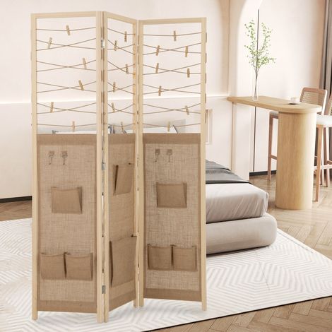 Séparateur de Pièce à 3 Panneaux Présentoir Pliable avec 8 Poches de Rangement 4 Crochets Cordes de Suspension en Ficelle de Jute Naturel (1/3)