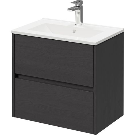 Montego Graphite Grey 600mm Wall Mounted Vanity Unit with 1 Tap Hole Minimalist Basin and 2 Drawers (1/5)