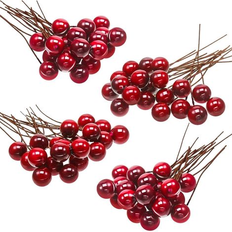Baies de houx artificielles, 100 mini baies de 10 mm (avec fil), pour décoration de sapin, couronne de Noël, DIY (rouge vin)