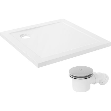 LuxeBath Duschwanne 80x80 cm Weiß mit Ablaufgarnitur, Duschtasse eckig Komplett Set, Quadratische Brausewanne H:40mm aus SMC, Hochglanzoptik, 3 Einbaumöglichkeiten, Extra flache Brausetasse mit Siphon (1/5)