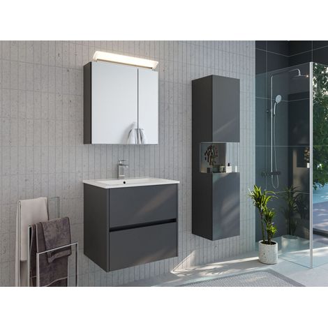 Badmöbelset Taifun 60cm 3tlg mit Spiegelschrank und Seitenschrank grafit