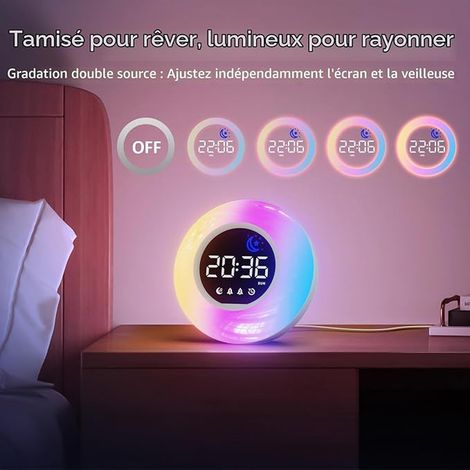 Children's Alarm Clock with 12 Nature Sounds, 10 Colour Night Light, Dual Alarm, Timers, Adjustable Volume and Brightness, (1/4)