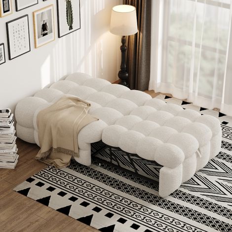 2-in-1 Schlafsofa und Fußhocker ausziehbar, platzsparendes Gästebett ohne Matratze, Polsterbett aus Teddy Samt Boucle, 183x76 cm, Beige (1/5)