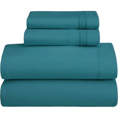 Ensemble de draps pleine taille – Literie en microfibre – Ensemble de draps-housses profonds – 4 pièces – Pour une sensation d'hôtel contre le bleu sarcelle (1/5)