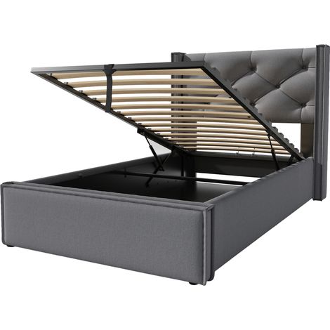 Lit hydraulique 90x200cm, sommier à lattes intégré avec cadre métallique, lit coffre moderne en coton gris, matelas non inclus, structure gainée avec rangement. (1/5)
