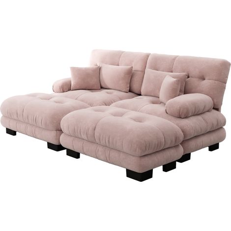 Canapé d'angle modulable en chenille vintage rose avec 2 ottomans et coussins lombaires (1/5)