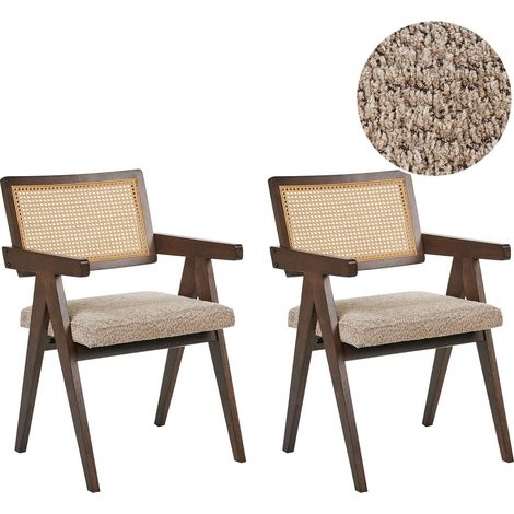 Set of 2 Dining Chairs Brown and Taupe Rubberwood Frame Boucle Seat Retro Dining Room Kitchen AVA