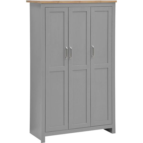 Grey 3 Door Wardrobe With Oak Effect Top Spacious Storage Shelves (1/5)
