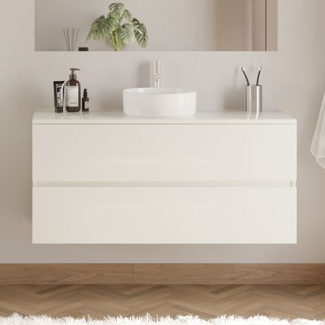 Meuble de salle de bain 120cm avec plateau et vasque à poser ronde - 2 tiroirs - sans miroir - blanc brillant - IDA (1/5)