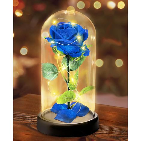 Rose Eternelle sous Cloche Cadeau Femme - 1 Rose de Soie Bleu, Rose Dôme en Verre Fleur Artificielle avec LED Lumières, Cadeau pour Petite Amie,Femme,Maman (1/5)
