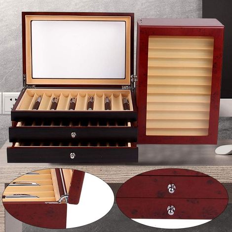 Organizer aus Holz für Füllfederhalter, Geschenkbox zur Aufbewahrung von Shop Home Collection Display, Stifthalterbox zur Anzeige und Organisation von Stiften (Rot, 34 Raster)