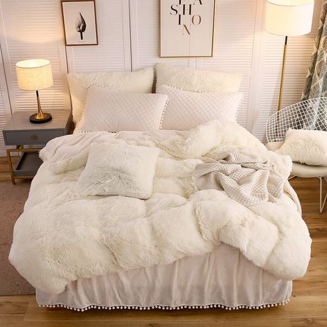 Parure de lit à Poils Longs, Parure de lit en Velours Doux et Pelucheux 1 Housse de Couette en Fausse Fourrure + 2 taies d'oreiller à Pompons, Fermeture éclair lit Double/Grand (1/5)
