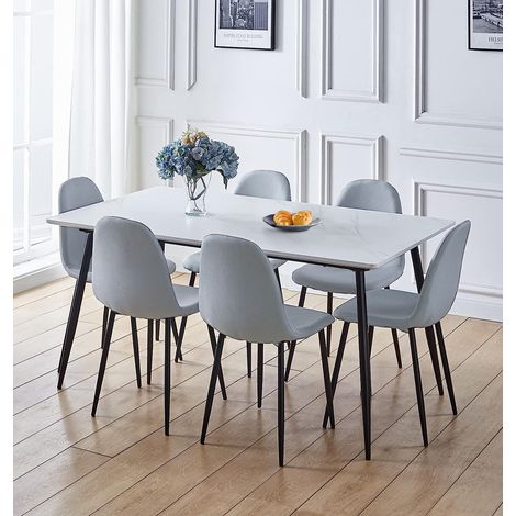 Hallowood Furniture Cullompton Large Dining Table and Chairs Set 6, (1.6m) White Marble Effect Top Kitchen Table and Chairs in Grey Fabric Upholstery and Metal Legs, Dining Room Sets for Home & Café