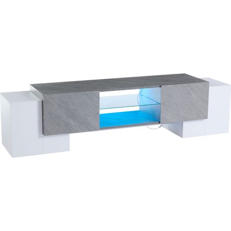 Meuble TV 180 x 40 x 46,5 cm blanc et gris avec LED Bluetooth, rangement ouvert et fermé, support stable pour TV 60–70 pouces (1/5)