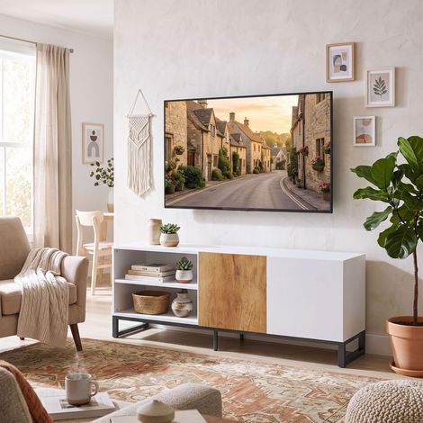 Meuble TV 140 cm, pour Téléviseur Jusqu'à 55 Pouces, 2 Portes, Blanc, Rangement (1/5)