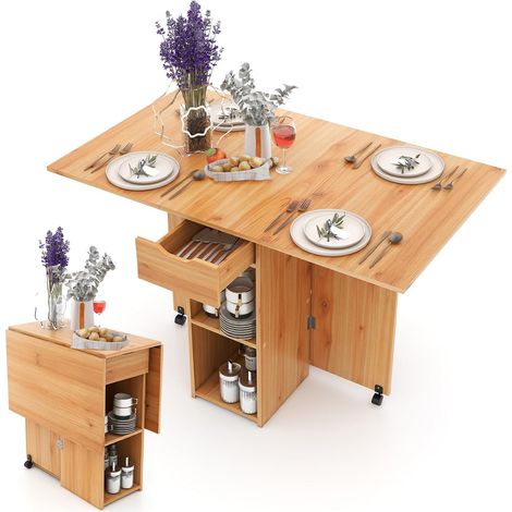 Tavolo da Pranzo Pieghevole Salvaspazio Legno 2 Ruote Casa Ufficio 120x77x75cm