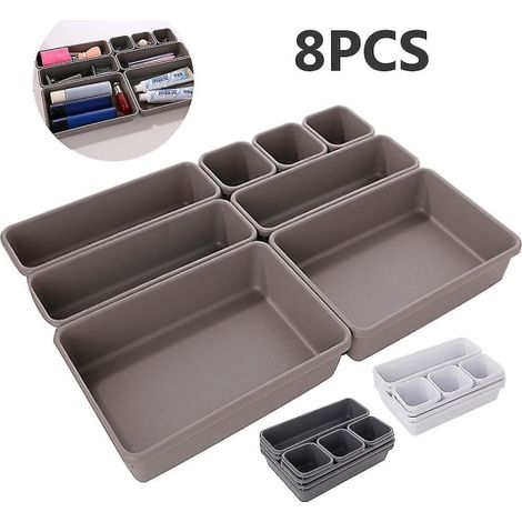 Lot de 8 boîtes de rangement en plastique blanc pour couverts et divers, organiseur de tiroir de cuisine, boîte de stockage ménager. (1/5)