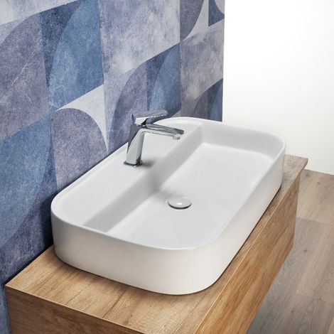 Lavabo da Appoggio a Bacinella 75x45 Cm Design Rettangolare Bianco (1/5)