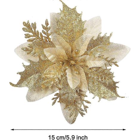 Lot de 12 fleurs de Noël pailletées (15 cm) avec 12 poinsettias artificiels dorés pour sapin de Noël (1/4)