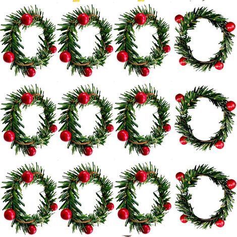 12 Weihnachtsserviettenringe, Weihnachtsgirlande, Serviettenhalter, Stechpalmenbeerenkranz und Kerze für die Tischdekoration bei Festessen (1/4)