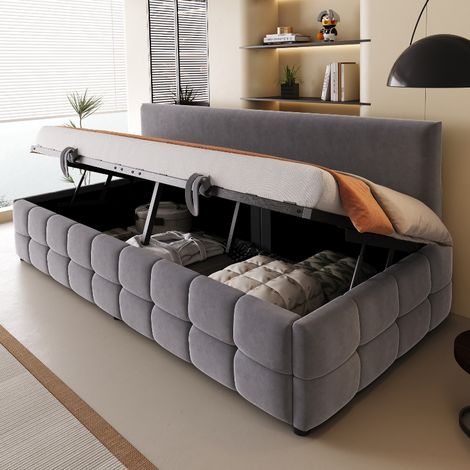 Polsterbett 90x200 cm mit hydraulischem Stauraum und Lattenrost, multifunktionales Sofabett ohne Armlehnen, Einzelbett aus Samtstoff, Dunkelgrau (1/5)