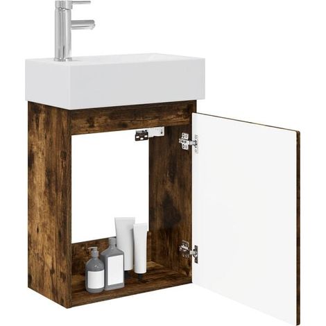 Meuble de Salle de Bain avec Robinet Intégré, Couleur Chêne Fumé (1/5)