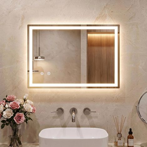 Miroir de Salle de Bain avec éclairage 70 x 50 cm, Miroir LED avec 3 Couleurs de lumière à intensité Variable, Verre trempé, Protection Contre Les Explosions, Interrupteur Tactile, Fonction (1/5)