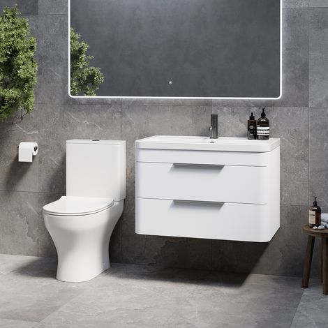 Oslo Gloss White 1350mm Wall Mounted Vanity and Jubilee Toilet Suite with Anya Basin - 1350mm - Gunmetal Grey 300mm Finger Pull