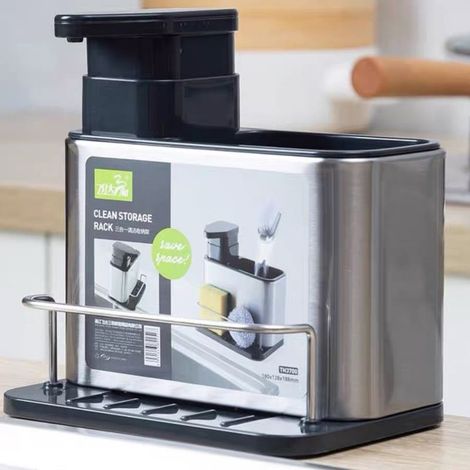Organisateur d'évier à poser - Organisateur d'évier - Distributeur de savon - Pompe à savon - Organisateur sous évier - Acier inoxydable - Argent (1/5)