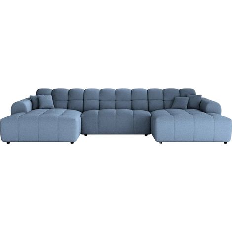 ALEXIA - Canapé panoramique tissu bouclette 5 places Bleu (1/5)