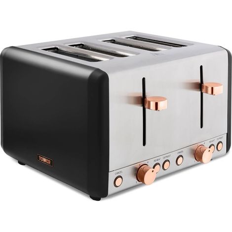 Tower T20051RG Cavaletto 4-Slice Toaster with Defrost/Reheat, Stainless Steel, 1800 W, Black and Rose Gold