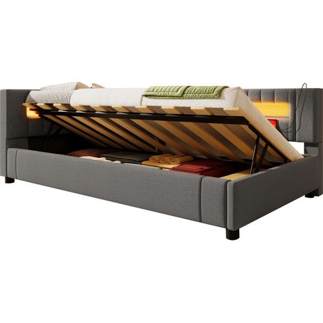 CHICFURN Canapé-lit 90 x 200 cm avec coffre hydraulique, LED multicolore, ports USB + Type-C, tissu gris, structure MDF, idéal chambre, salon et bureau (1/5)