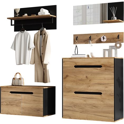 CHICFURN Meuble d'entrée avec rangement chaussures modulable, vestiaire d'entrée avec miroir, banc à chaussures, étagère murale et 4 crochets, bois clair et noir (1/5)